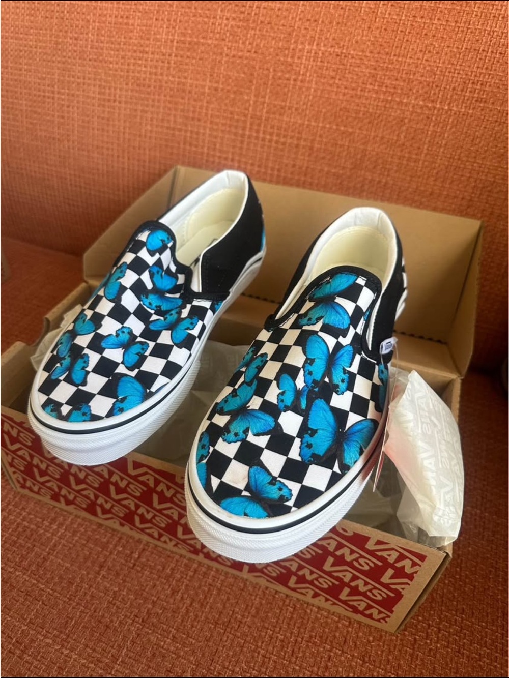 Vans Slip-On Sneakers - Black, White & Blue Butterfly